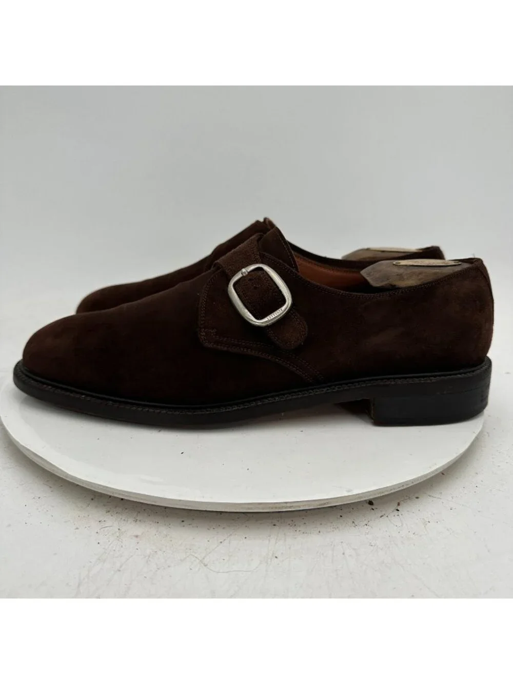 Lottusse Men Size 8.5 Dark Brown Suede Buckle Single Monk Strap Dress Shoes